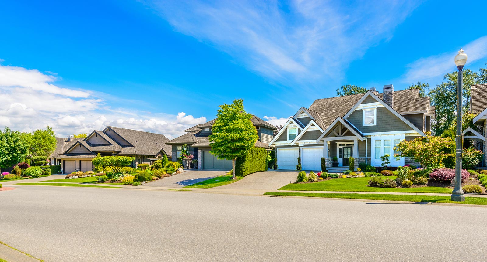 Tree-lined neighborhood with attractive suburban homes beneath a blue sky